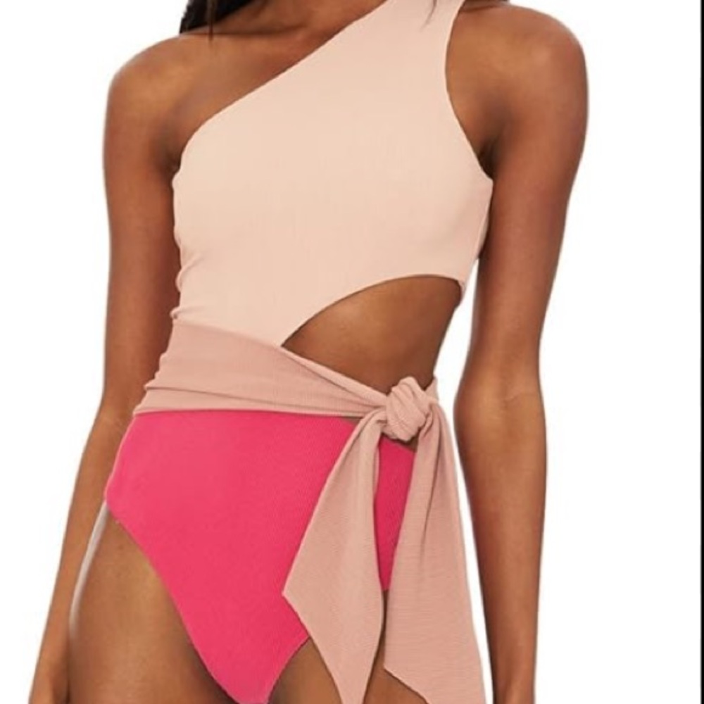 Beach Riot One Shoulder Pink and Tan One Piece